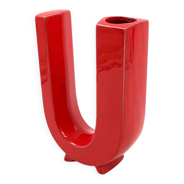 Vase soliflore en céramique rouge Space Age, Marcel Radureau Francia 1970