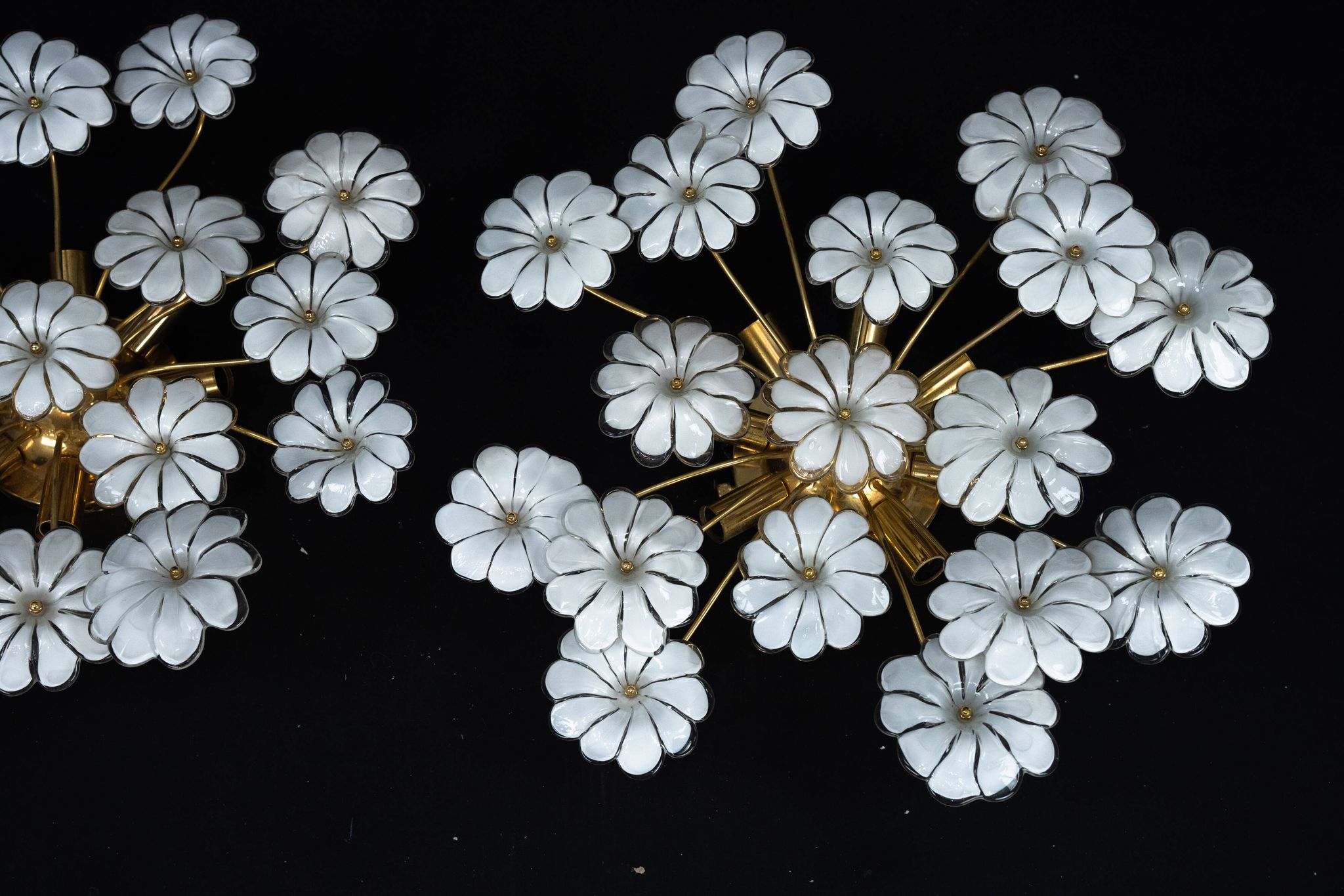 Pair of Murano white flower ceiling lamps. Italy 1980s