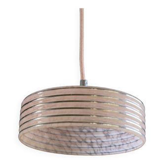 Old pendant light in pink clichy glass with silver threads, delivered with chrome socket