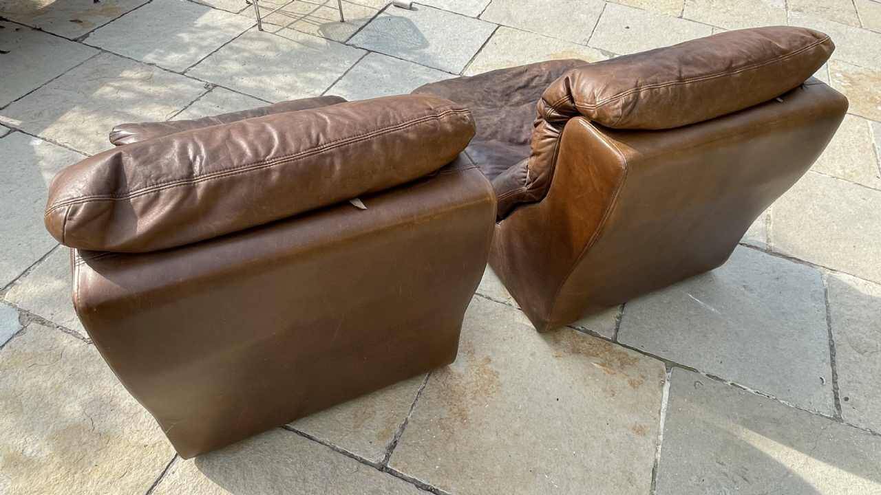 Pair of vintage leather armchairs / fireside chairs / clubs, 1970s