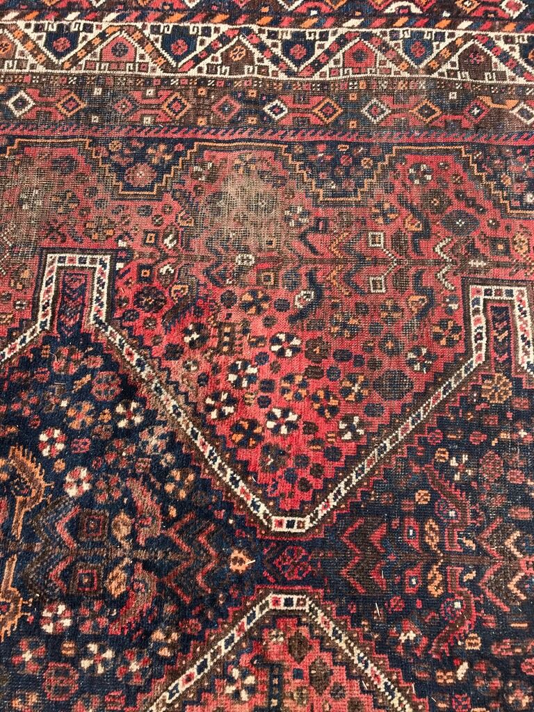 Old Iranian hand made Shiraz wool rug  220 x 312 cm