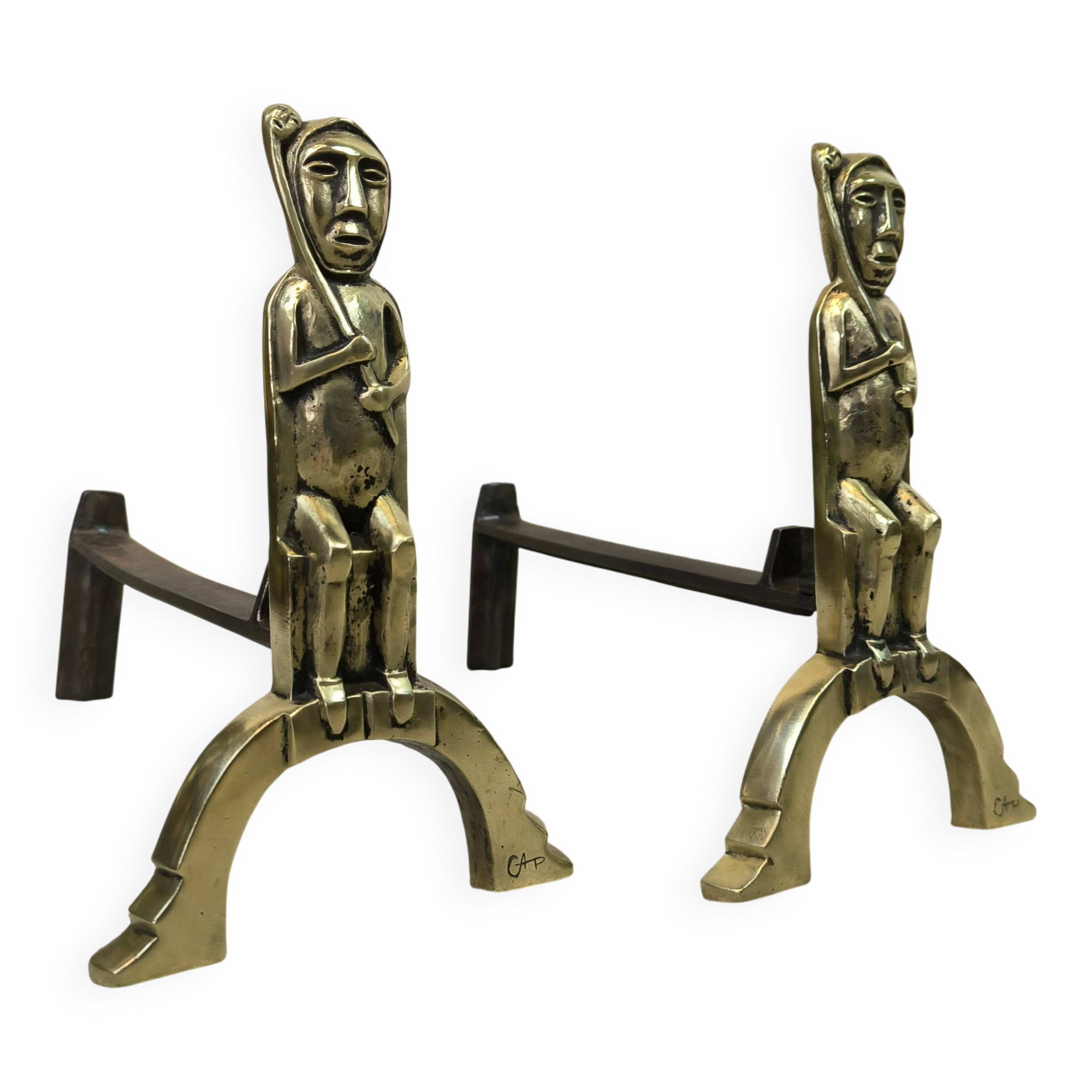 Pair of bronze "Shamans" andirons by Anton Prinner