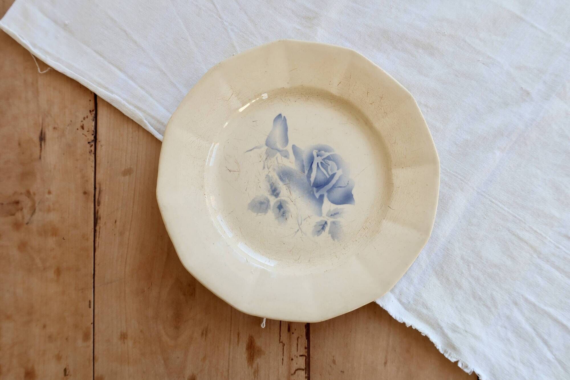 Antique flat plate, ironstone Digoin ivory - Blue rose decoration
