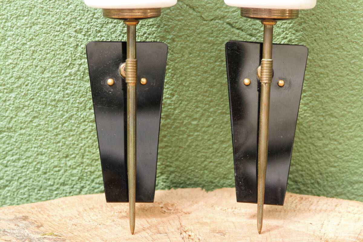 Pair of brass and opaline wall lights, 1950s