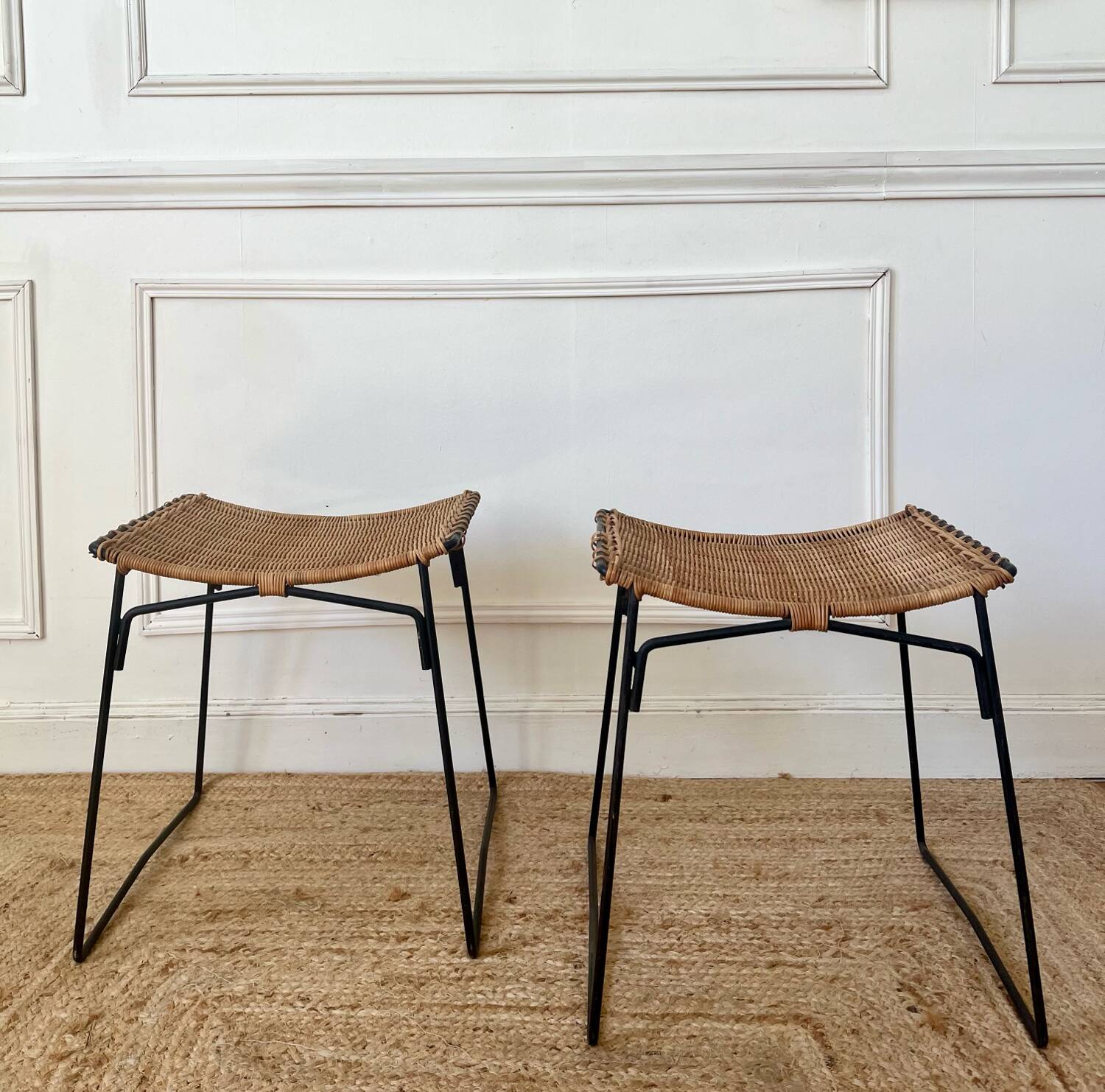 Pair of Raoul Guys stools for Airborne in wicker 1950
