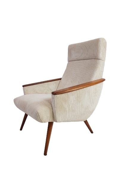 Vintage off white textile easy chair teak