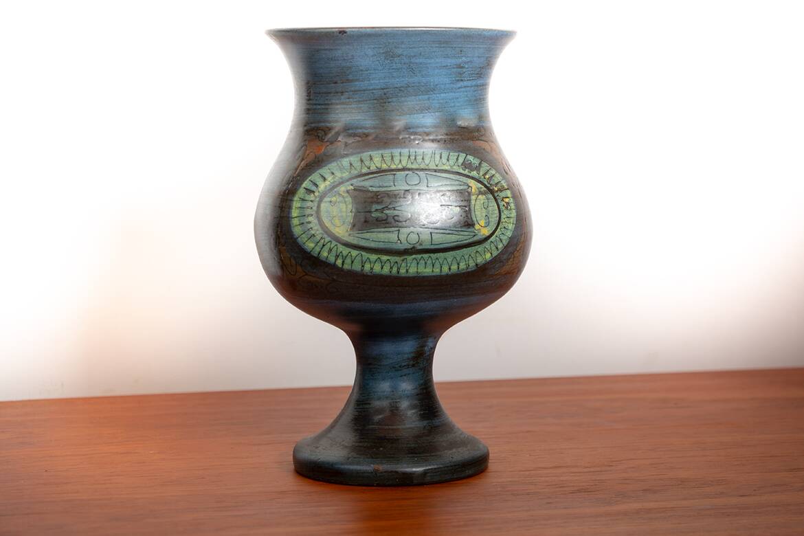 Vallauris, Modernist Vase, blue glazed ceramic, Jean de Lespinasse.