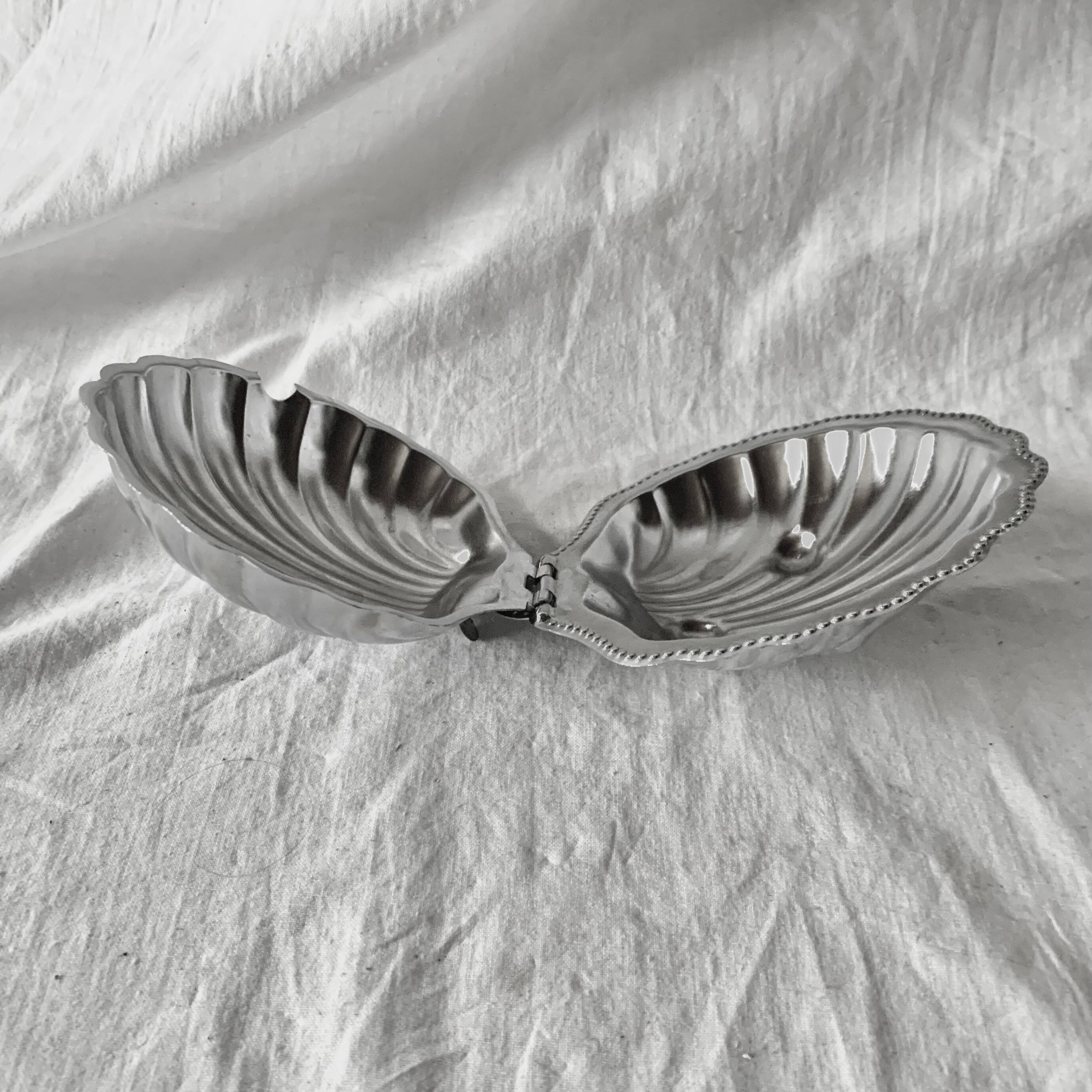 Vintage shell butter dish in stainless steel and cobalt blue glass