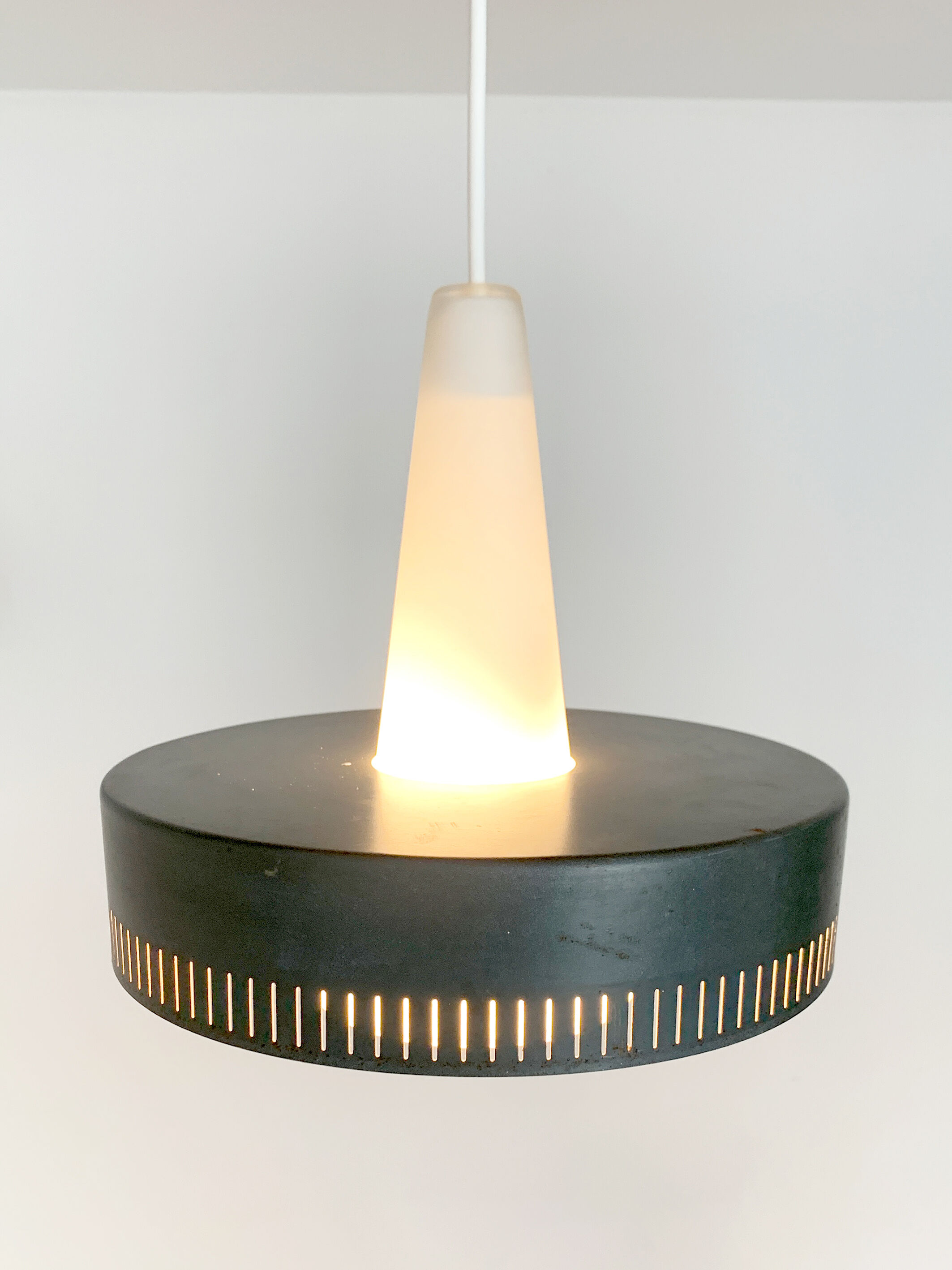 Modernist pendant lamp opal glass and grey metal Bent Karlby for Lyfa, Denmark, 1950-60
