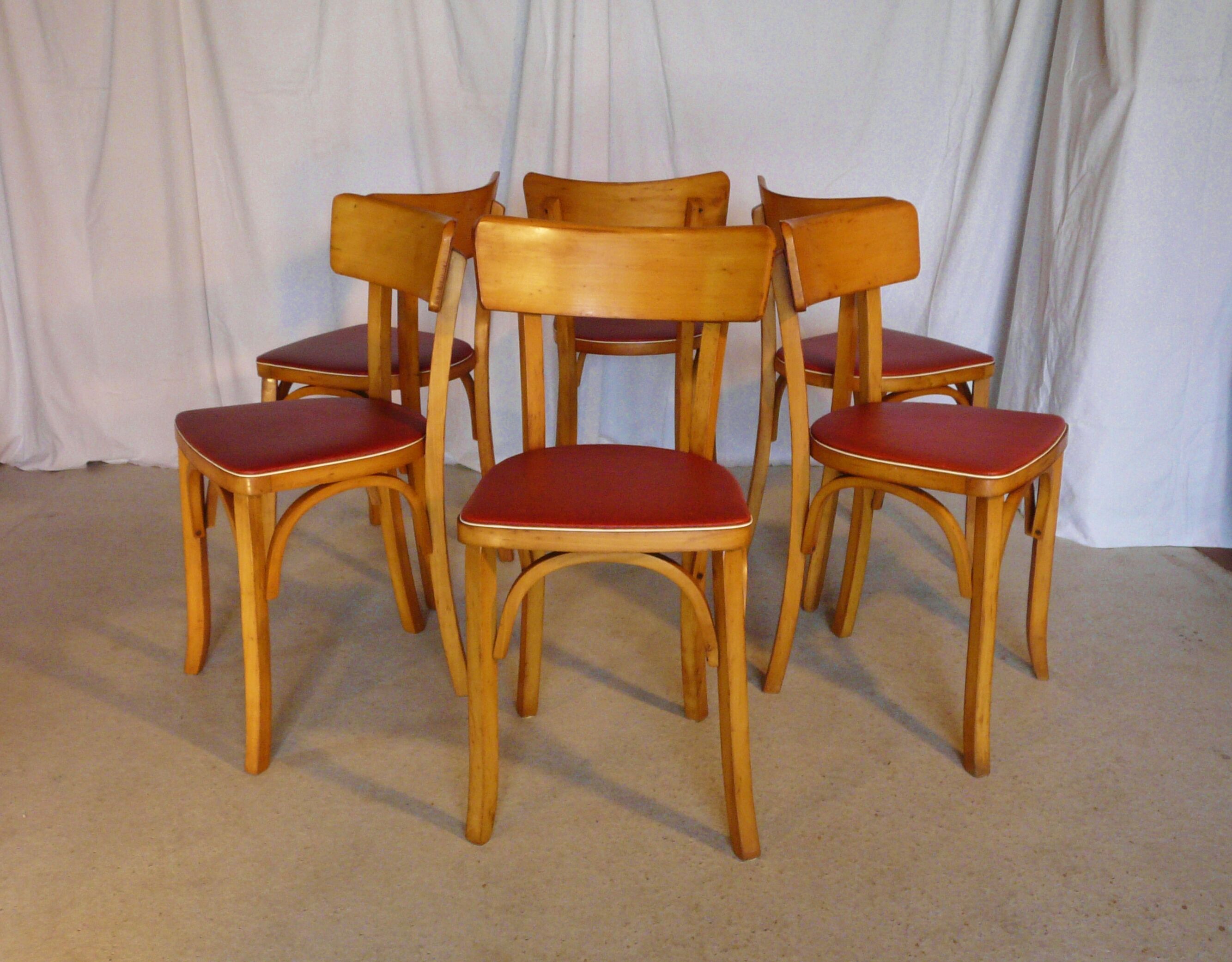 Six vintage Baumann bistro chairs in blond wood
