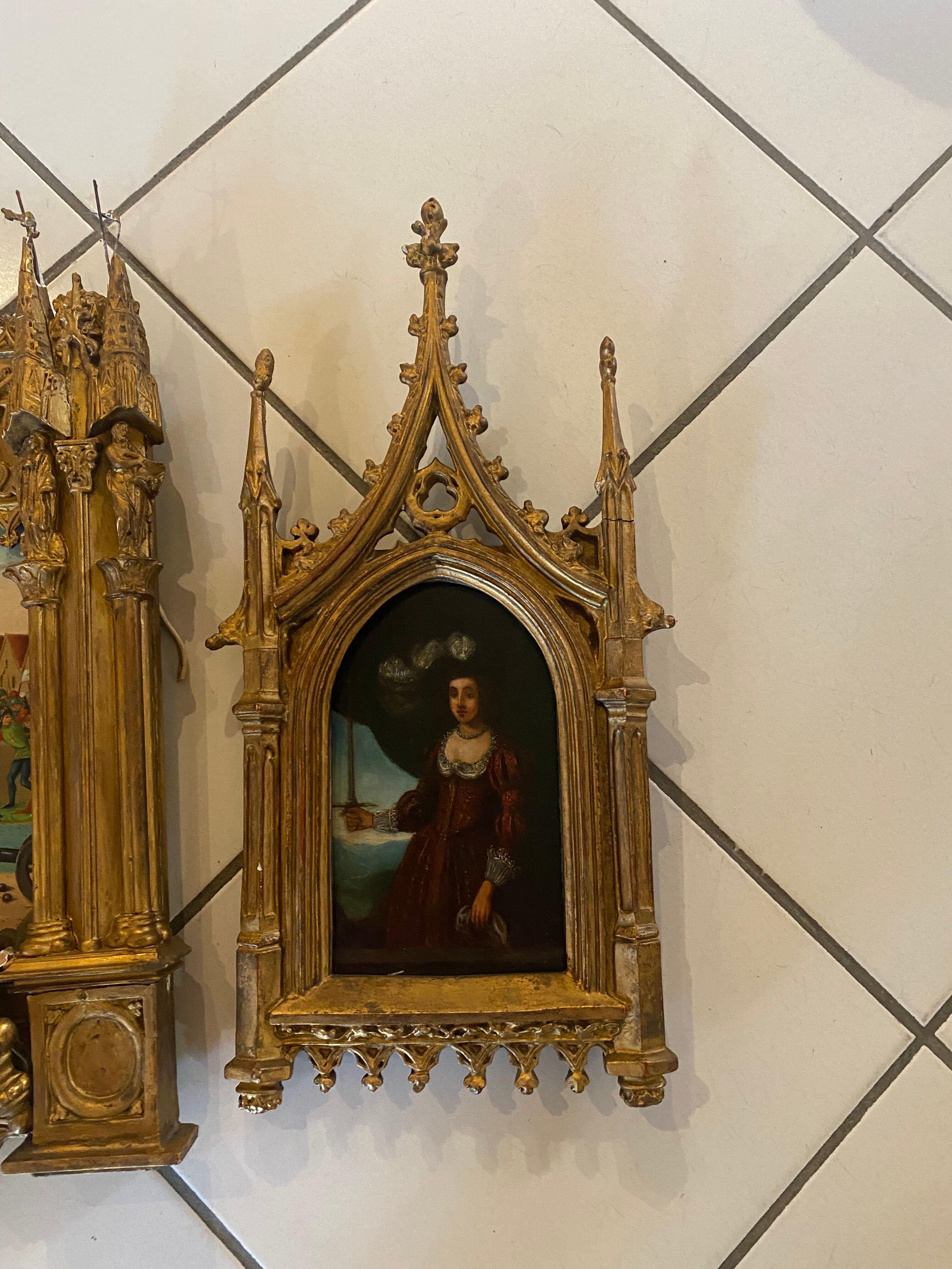 Neo-Gothic triptych in gilded wood