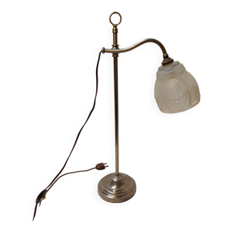 Lampe à poser Art Déco col de cygne avec tulipe en verre pressé moulé