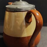 Beige and brown earthenware teapot with pewter lid, early 20th century