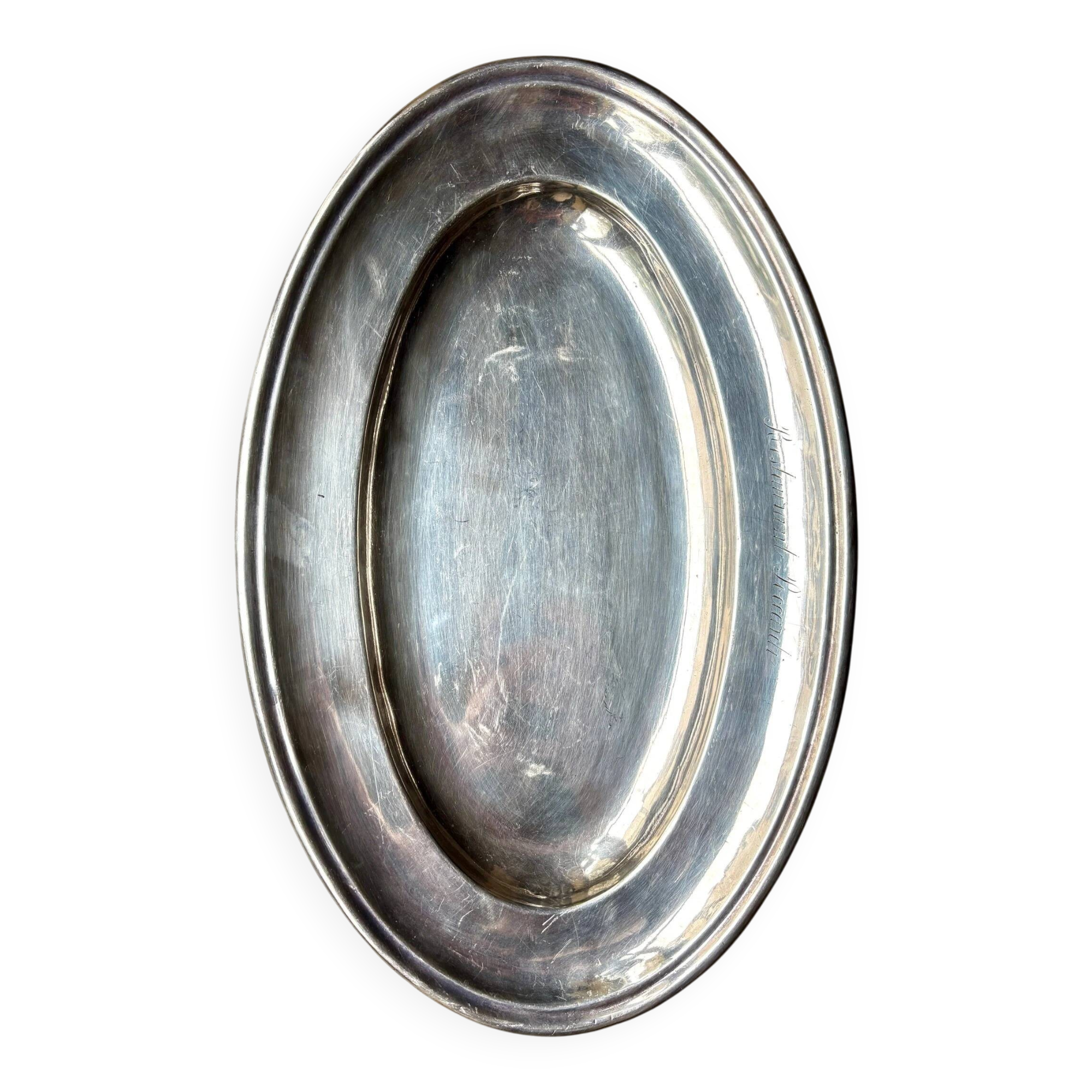 Oval silver-plated metal dish engraved "Restaurant Piccardi"