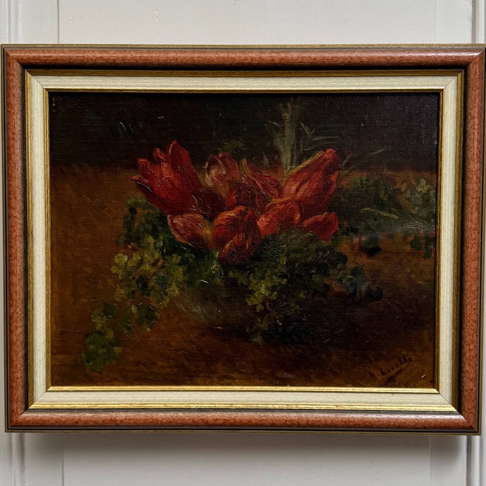 Oil on panel still life with tulips, early 20th century.