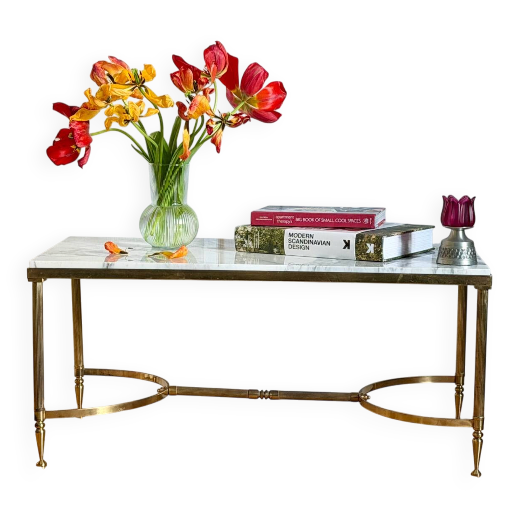 French neoclassical coffee table in brass and marble, circa 1960-70.