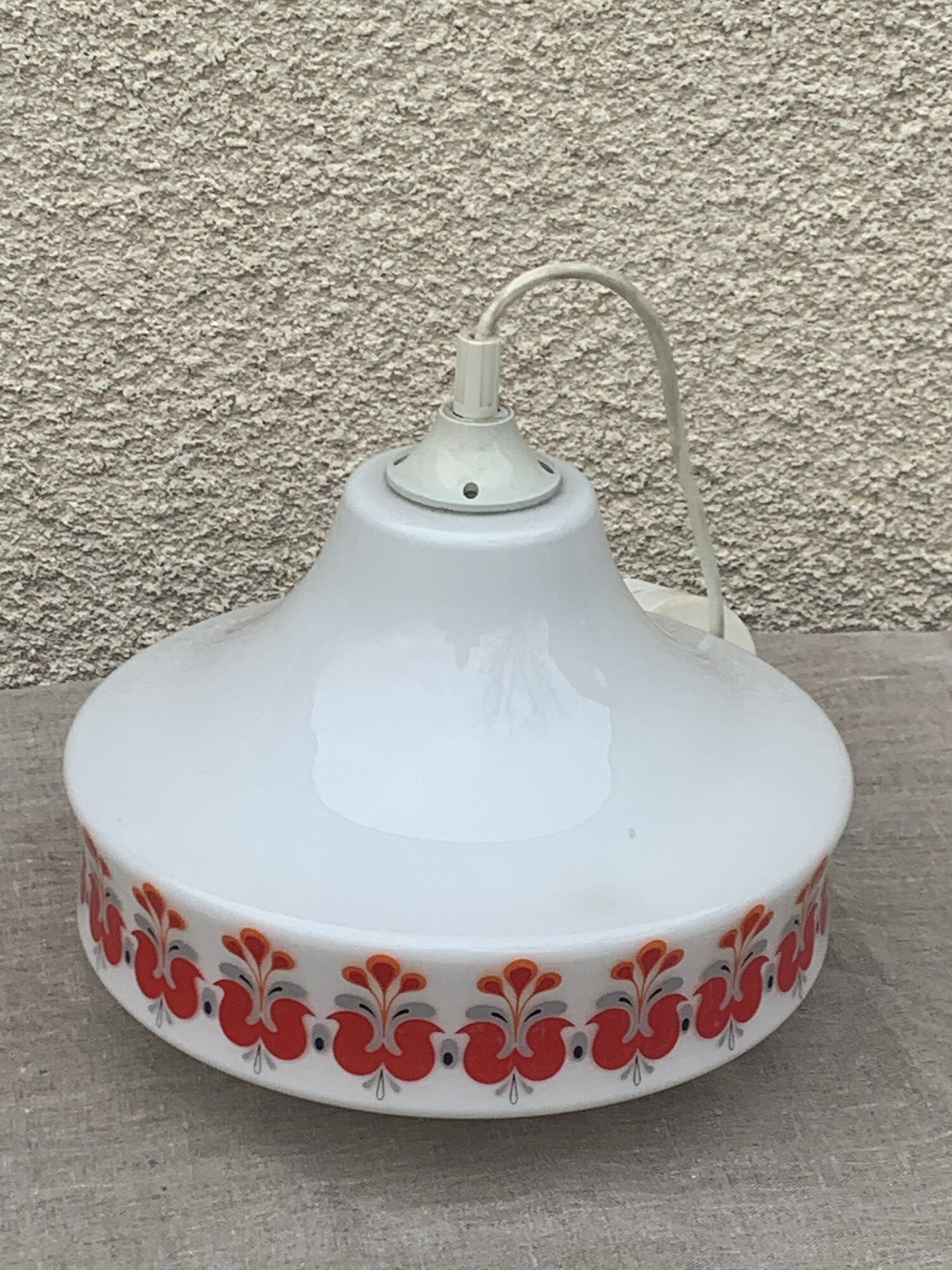 Pendant lamp, white opaline globe with a vintage red design floral pattern 1970