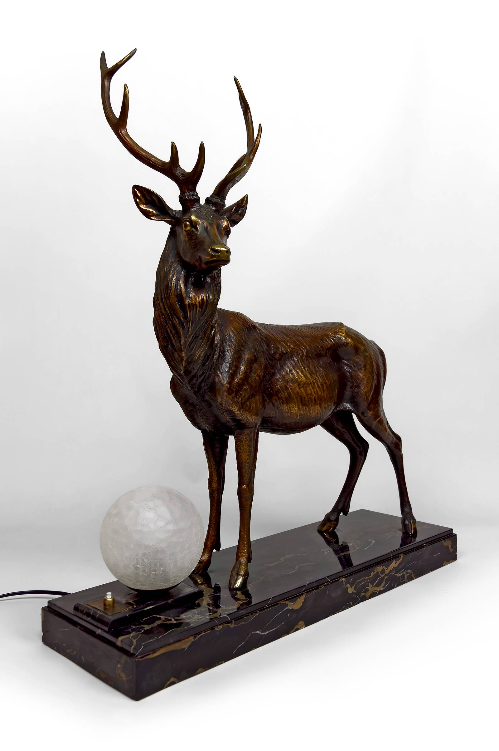 Important Bronze and Marble Sculptural Lamp, Deer, Art Deco, France