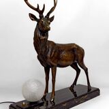 Importante Lampe Sculpturale en Bronze et Marbre, Cerf, Art Déco, France