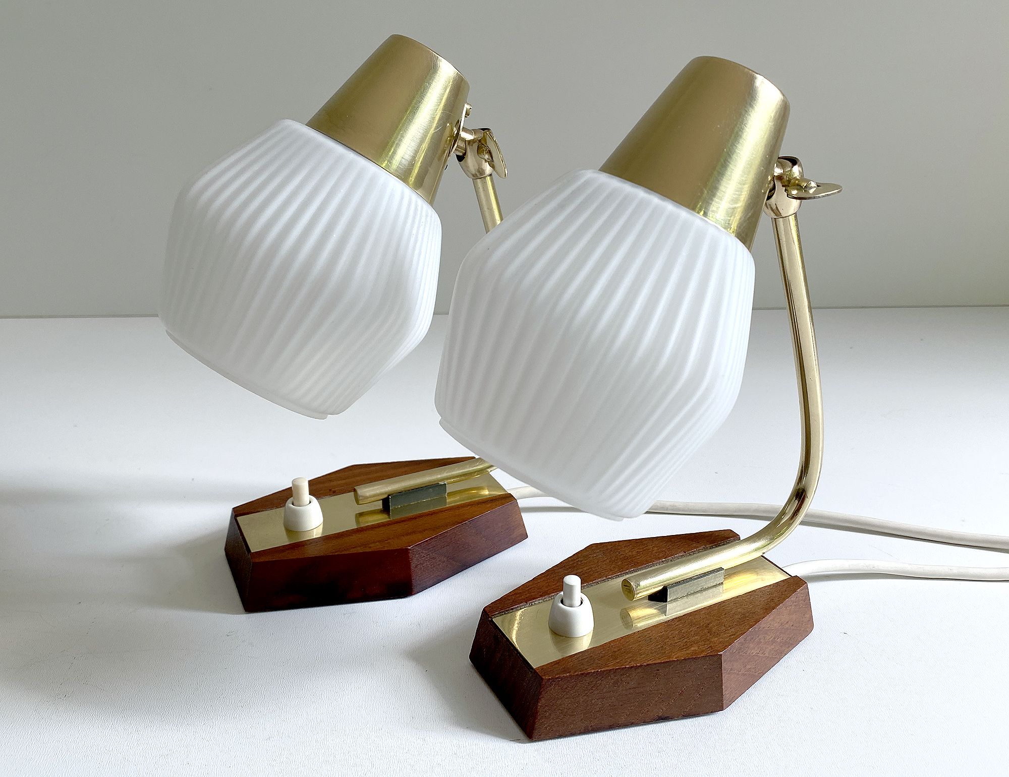 Pair of Scandinavian vintage table or bedside lamps, teak and glass, 60s