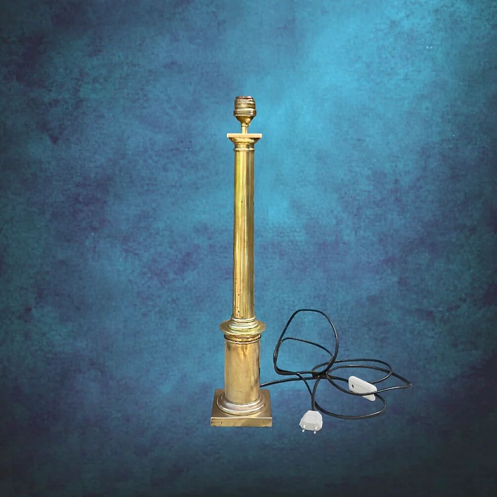Large vintage brass lamp base in neoclassical column style with a copper socket.