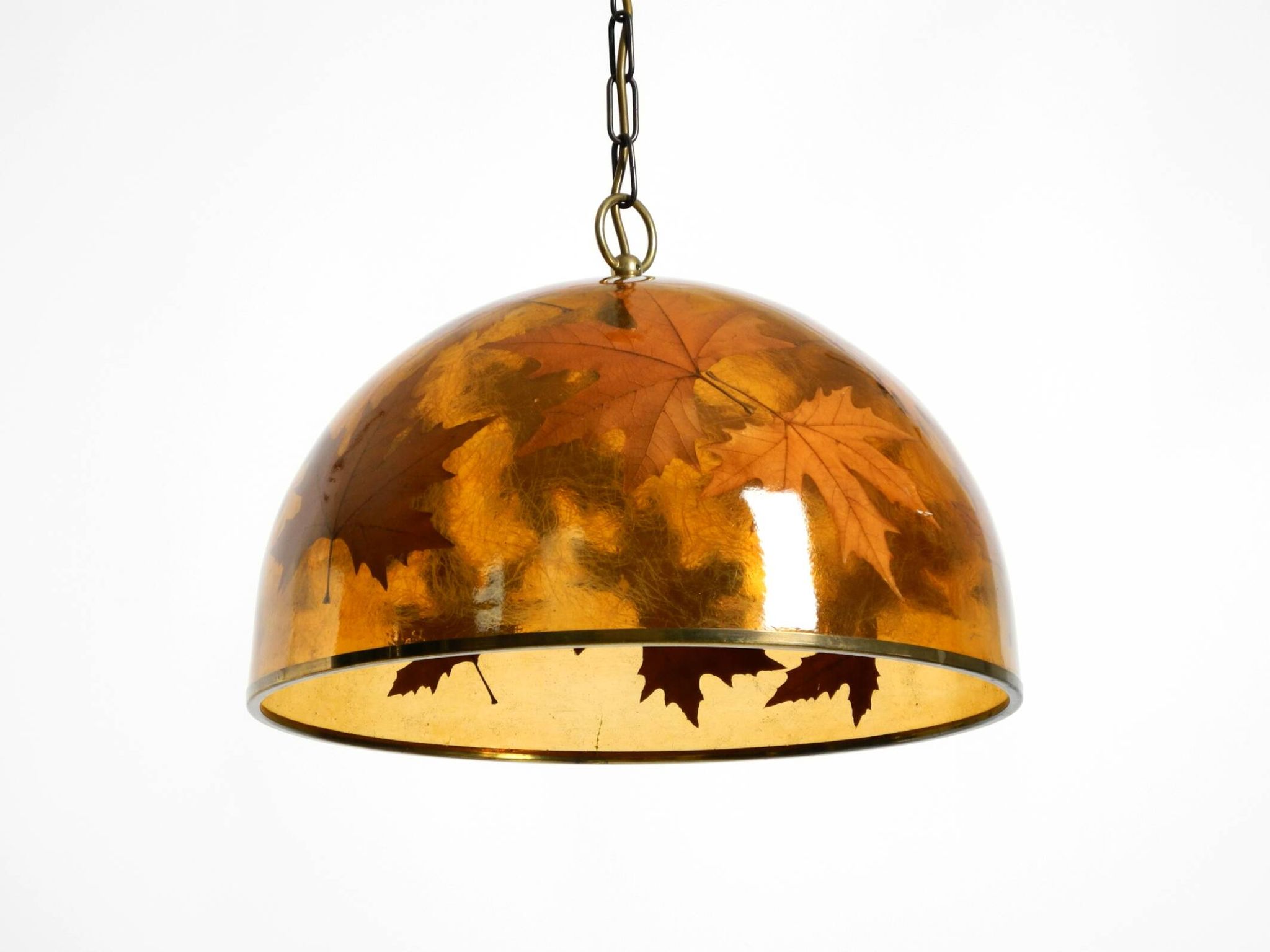 Rare, large 1970s Italian resin pendant lamp with embedded maple leaves