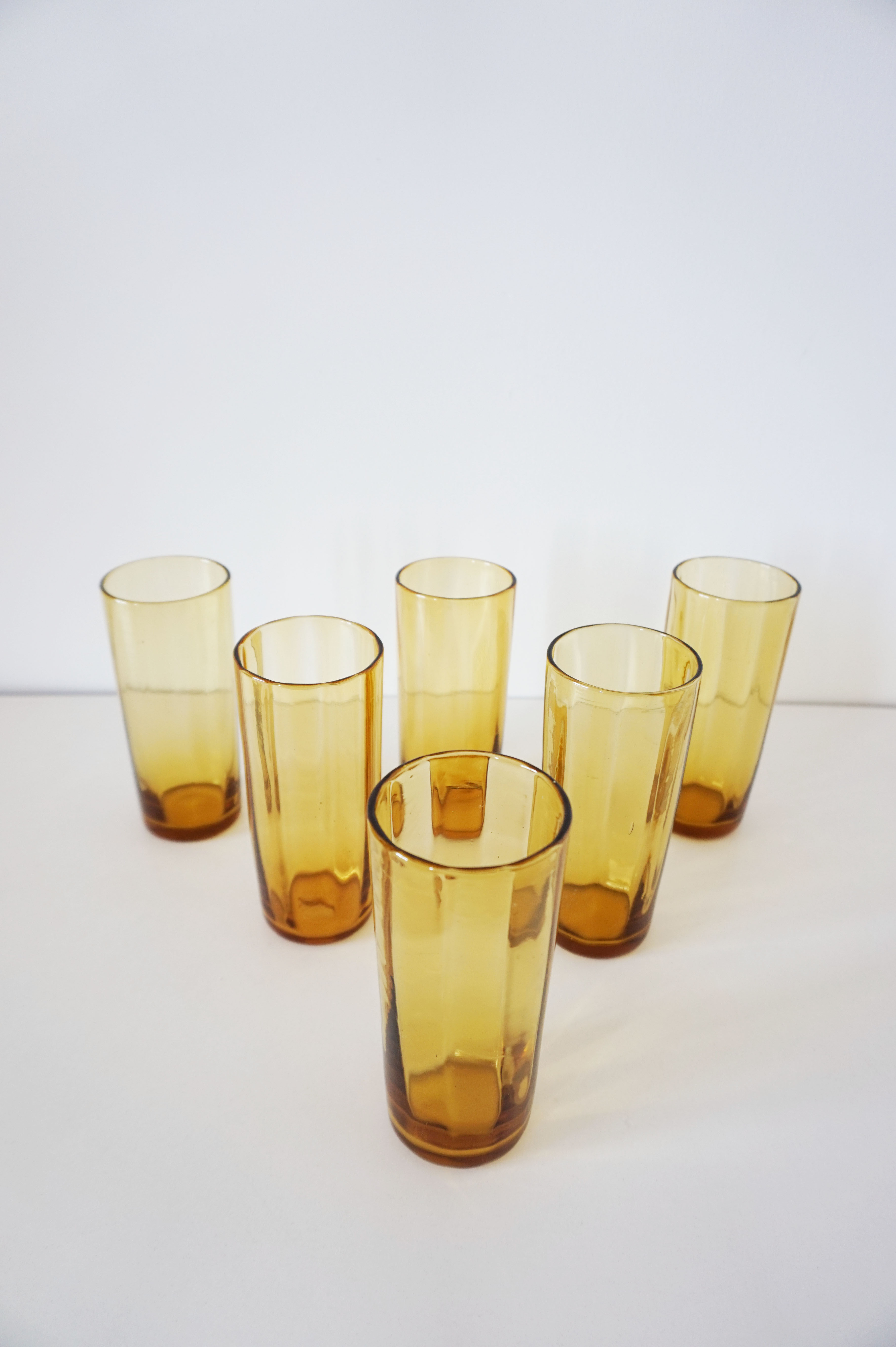 6 amber glass water glasses 1960
