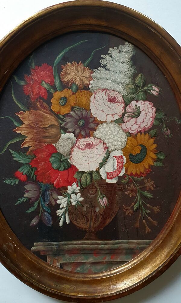 Tableau ancien vase médicis avec fleurs sur table en marbre école j fr
