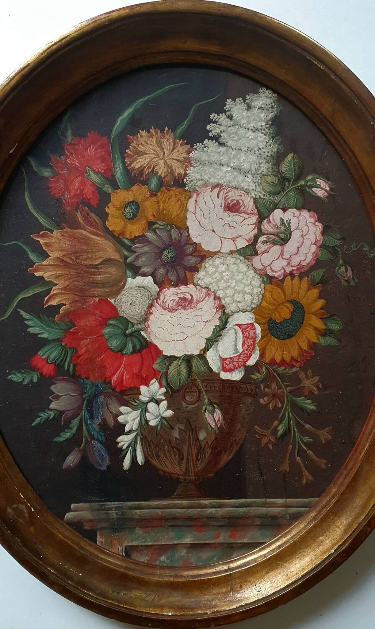 Ancient table vase with Medici flowers on a marble table, French school.