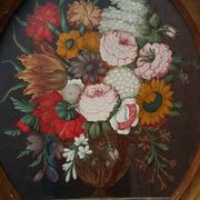 Ancient table vase with Medici flowers on a marble table, French school.