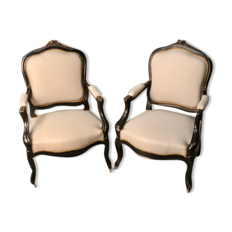 Pair of Convertible Armchairs Louis XV Style Pear Blackened Napoleon III