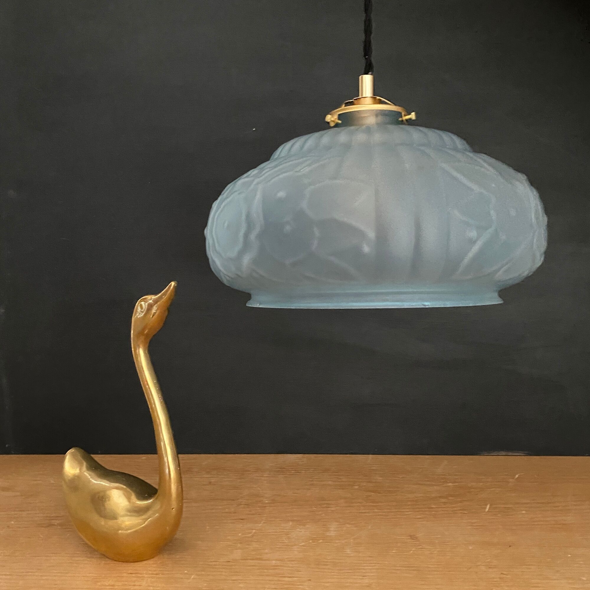 Vintage art deco lampshade pendant lamp in blue frosted glass