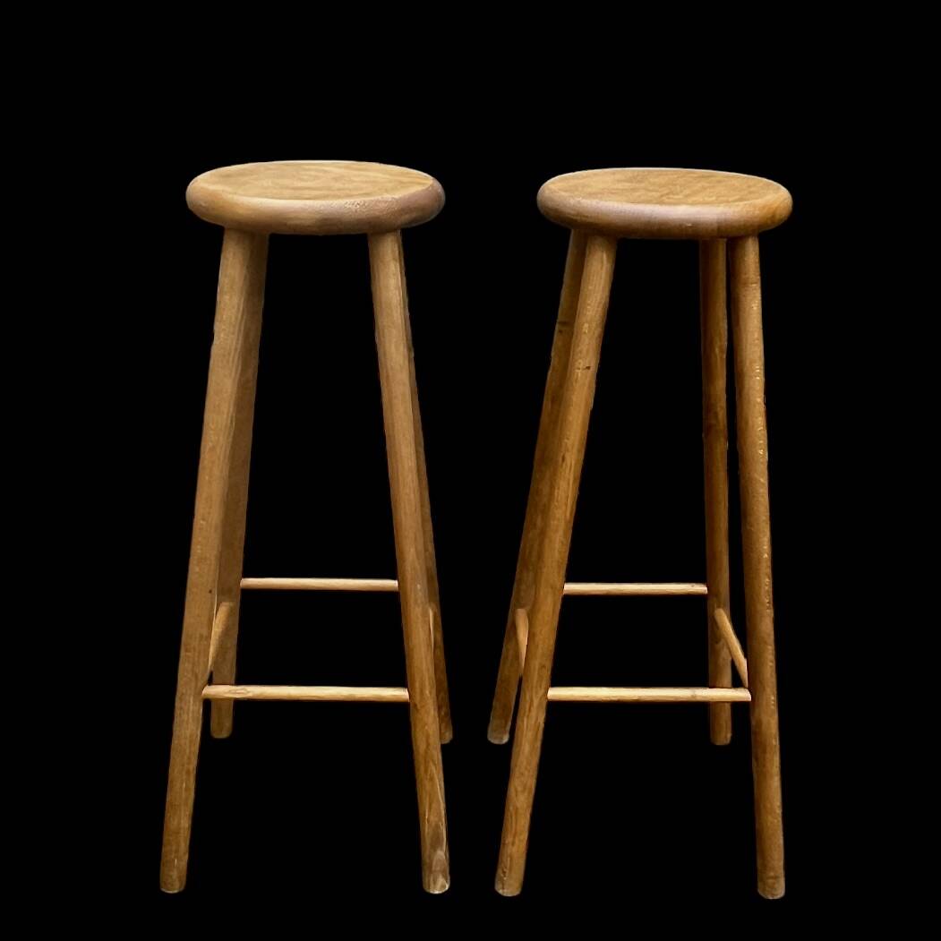 Pair of antique solid wood bar stools – rustic/bistro style