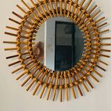 Miroir soleil en rotin authentique 60s