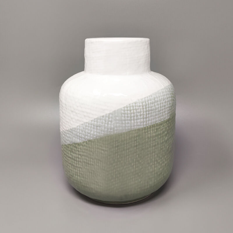 1970s Gorgeous Green And White Vase in Ceramic by F.lli Brambilla. Made in Italy