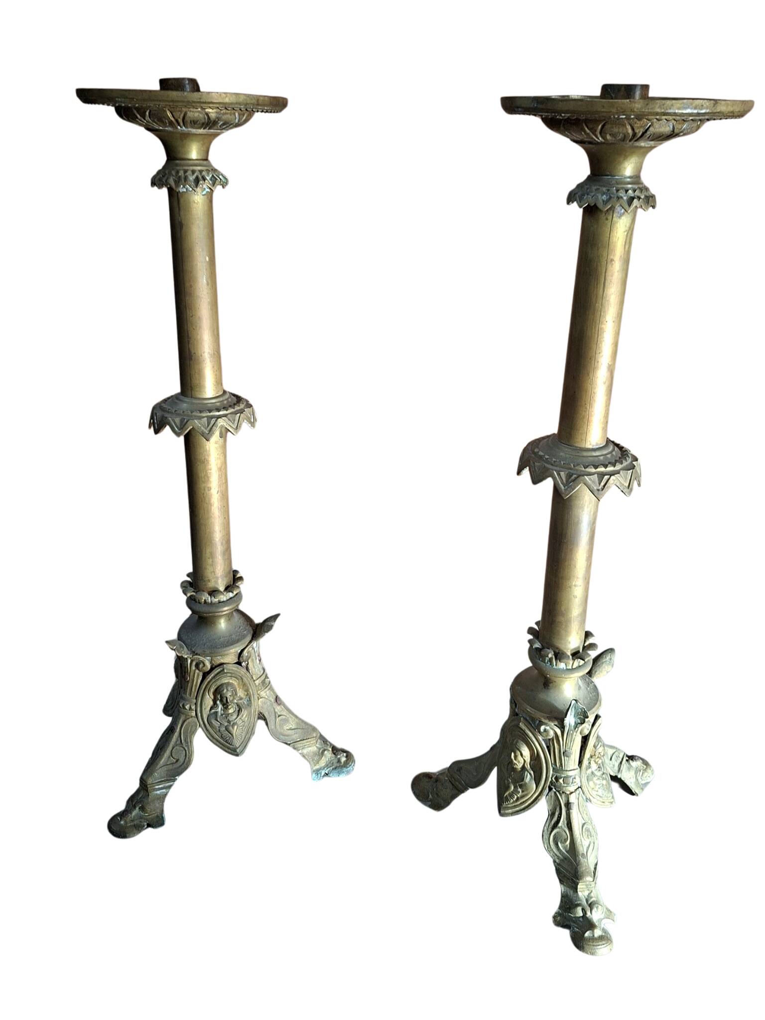 Coppia Candelabri d'Altare Antichi in BRONZO Stile Neogotico H 60 cm