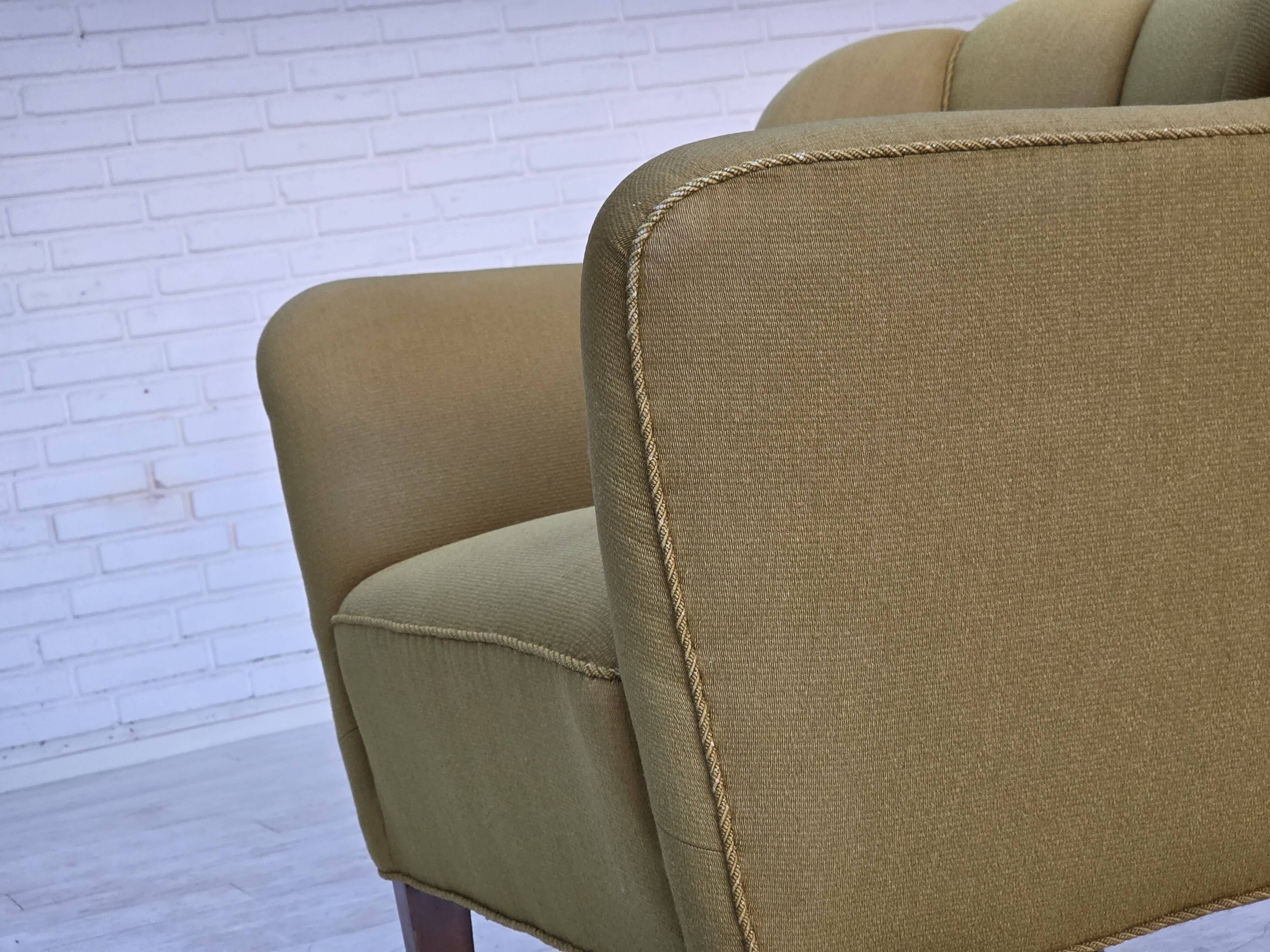 1960s, pair of Danish armchairs, green furniture wool, ash wood legs.