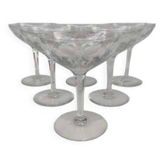 6 coupes à champagne en cristal de val saint lambert, modèle Nestor Hamlet.