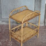 Vintage rattan serving table, two-tier side table.