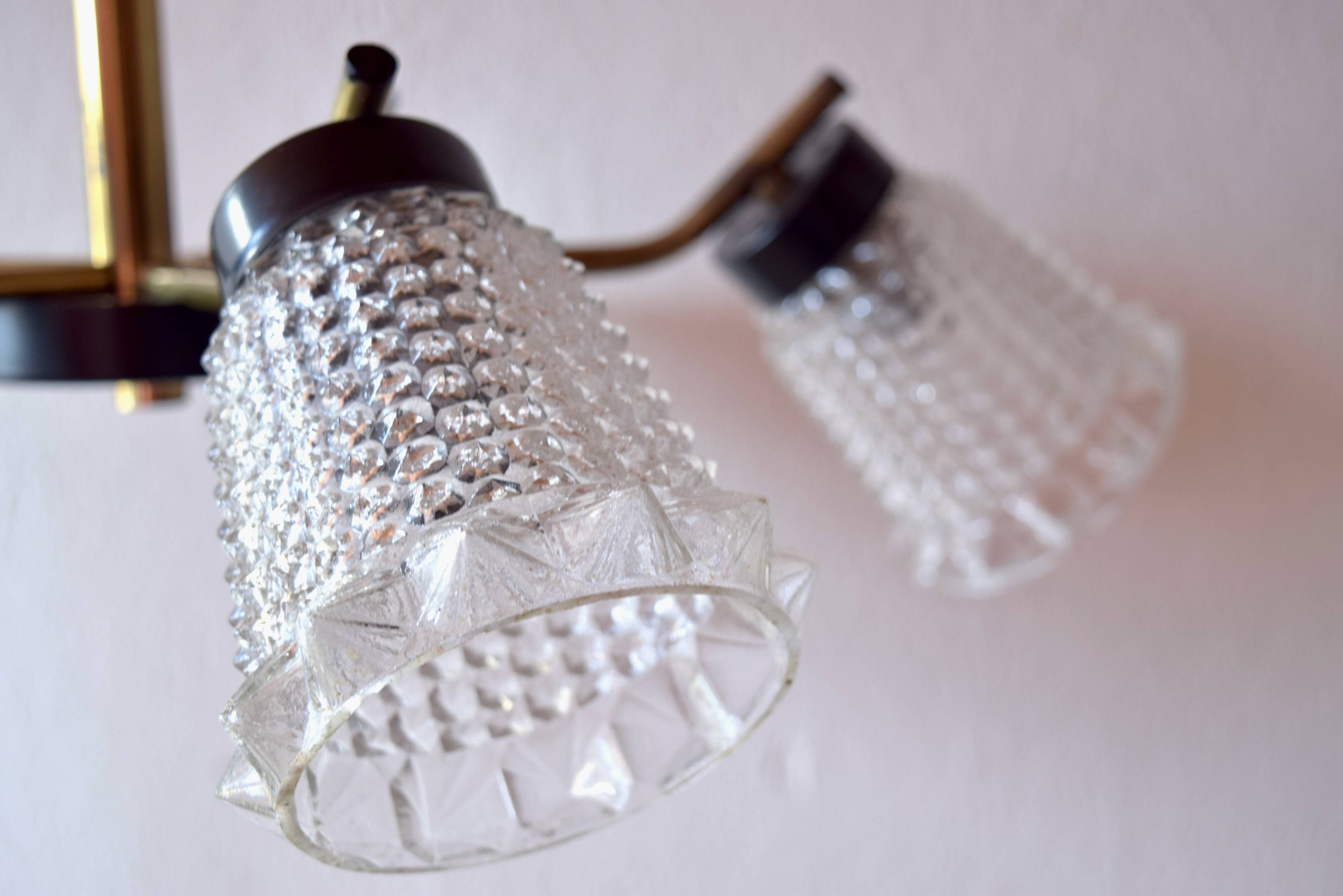 Vintage chandelier in molded glass, brass and steel - 5 branches - 1960s