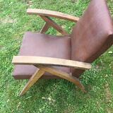 Fauteuil  en bois et simili cuir marron