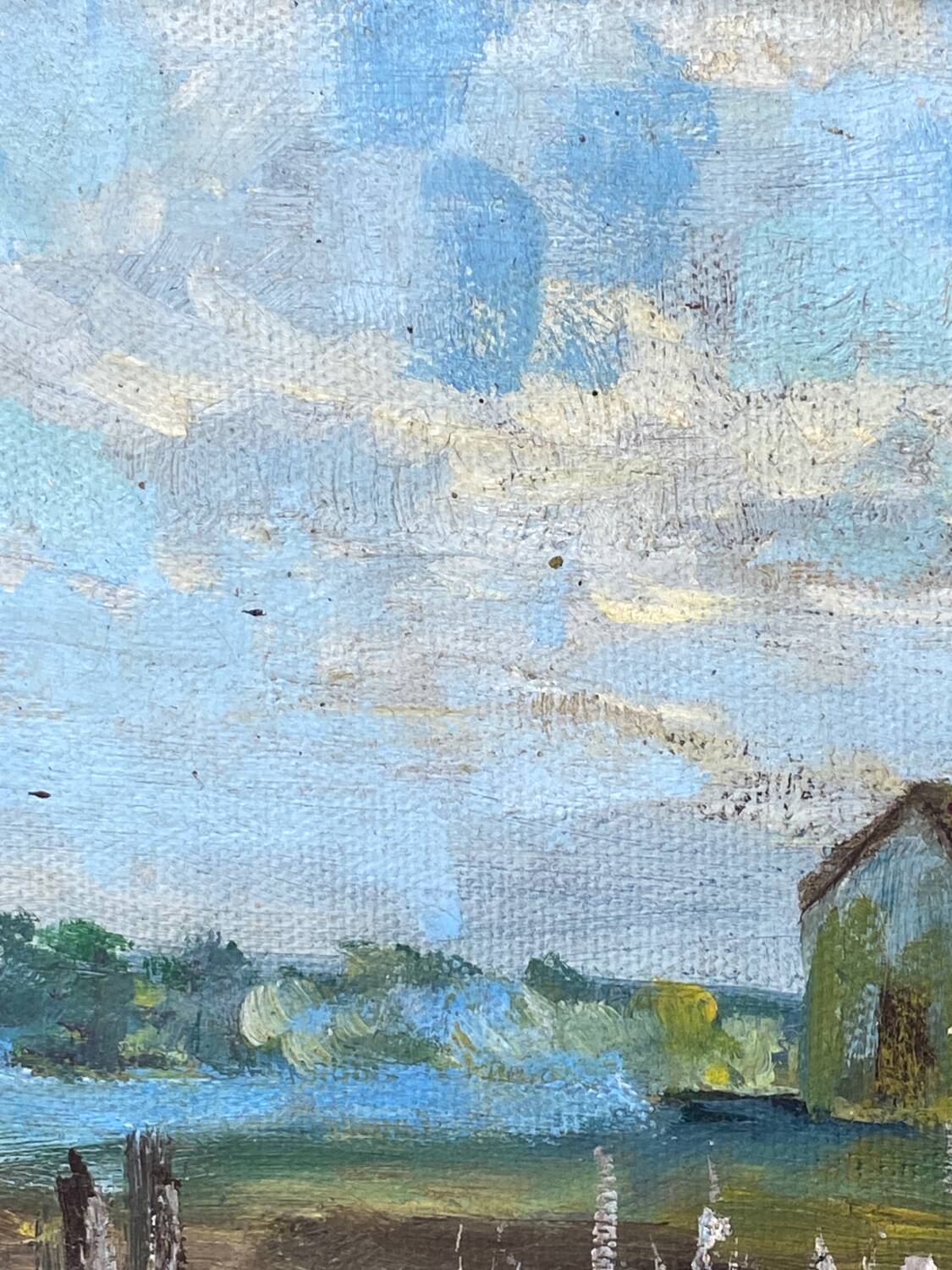 Oil on canvas, seaport scene