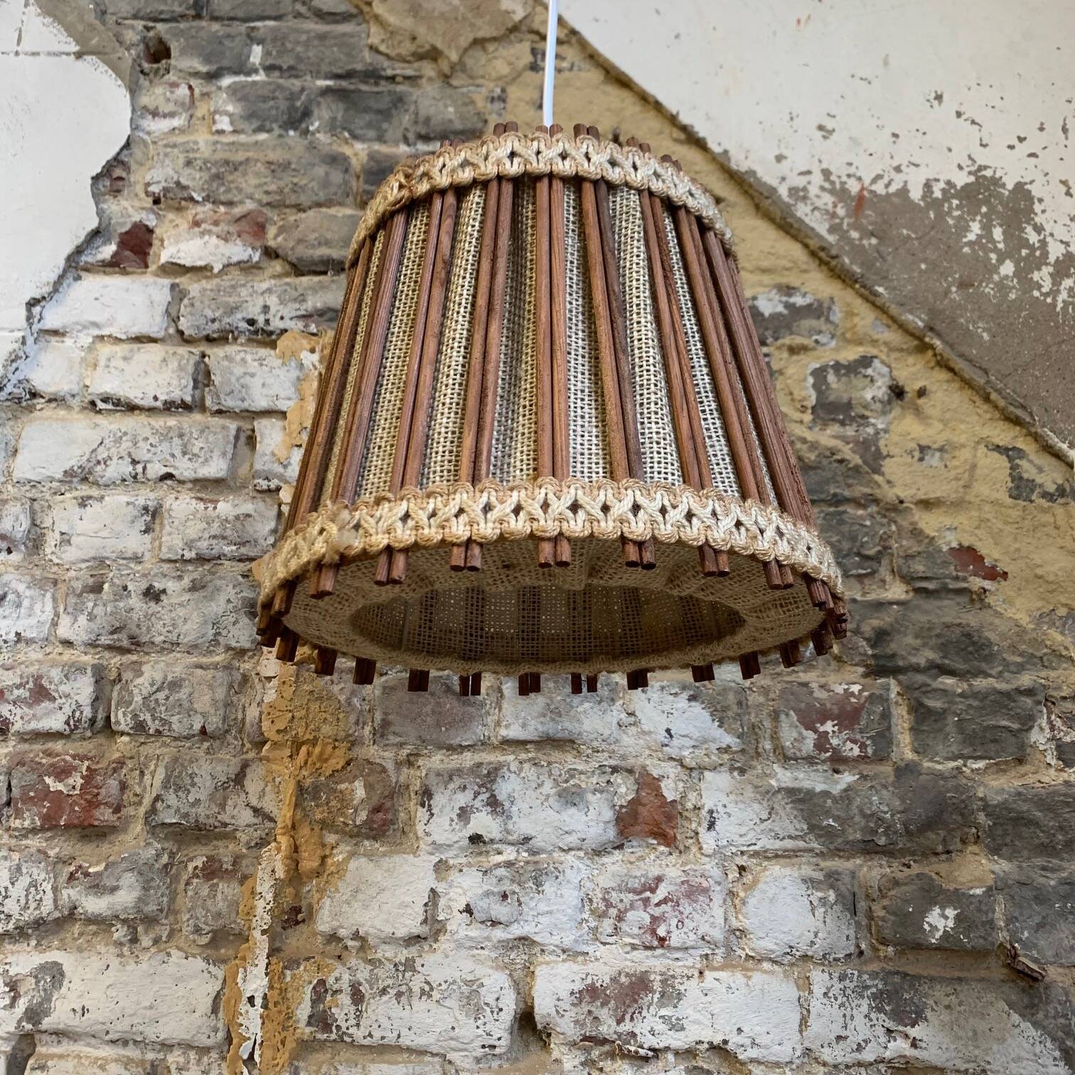 Vintage Scandinavian pendant light (1960s) in wood and linen