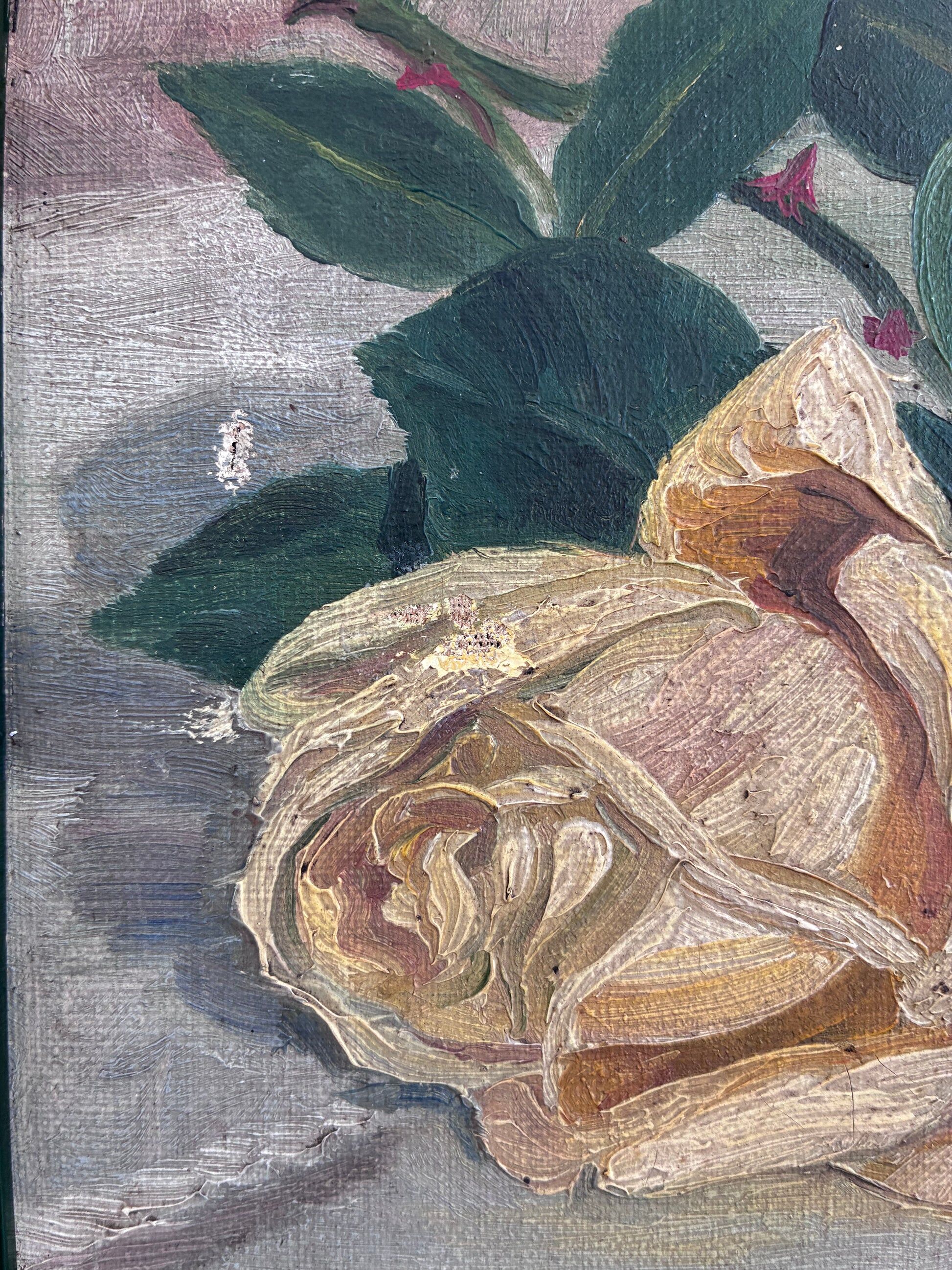 Antique original flower oil painting, yellow roses still life art