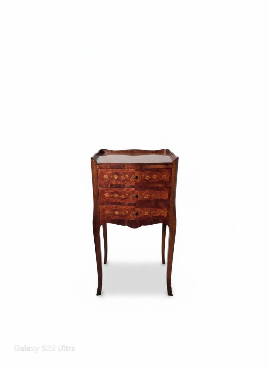 Louis XV style bedside table in marquetry with 3 drawers.