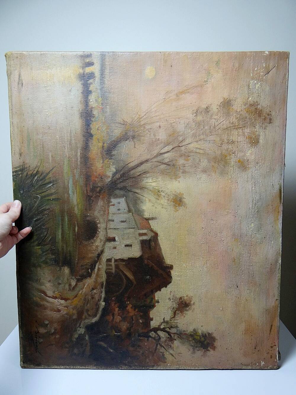 Large painting farm on pond old 19th century signature oil on linen canvas