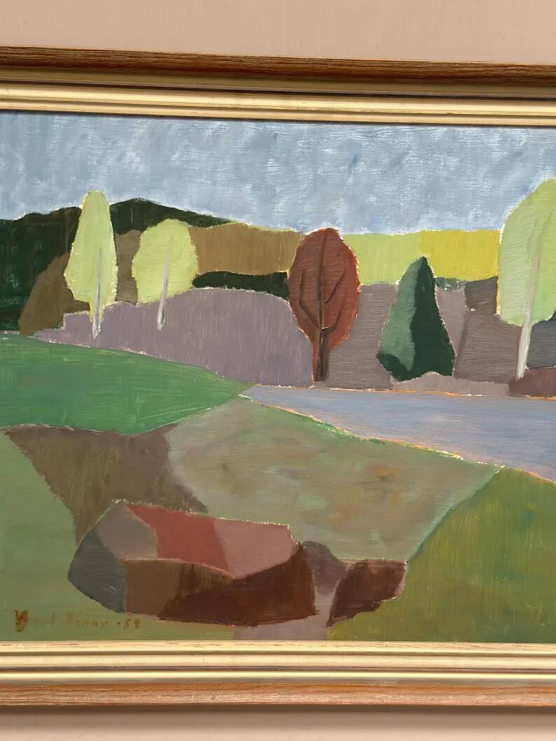 Original Swedish Oil on Panel – “Trees and Fields” by Carl‑Einar Andersson (1925–1975) – 1959 – Vintage & Framed – 53 × 44.5cm (20.9"×17.5")