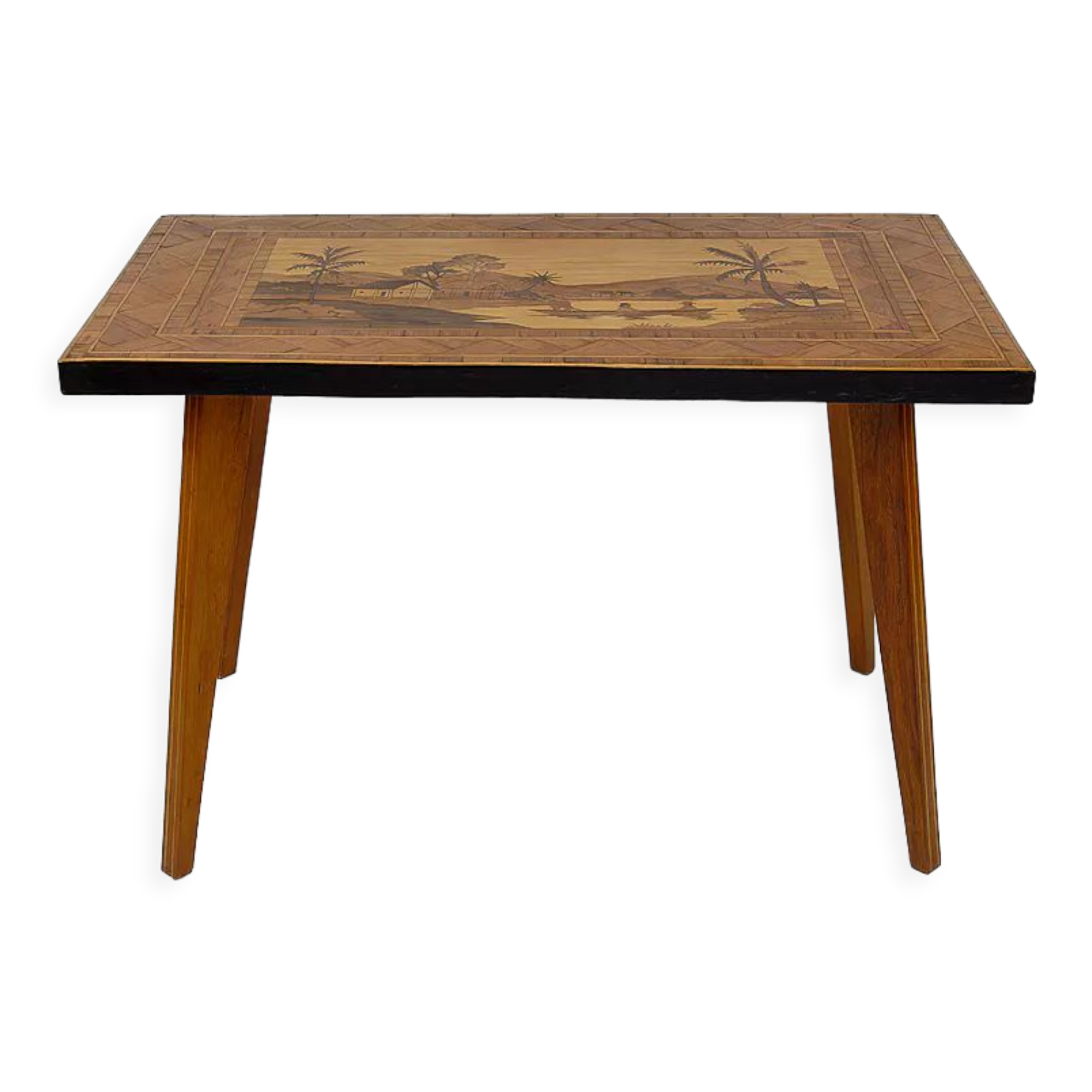 African Midcentury coffee table in inlaid wood, circa 1960