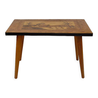 African Midcentury coffee table in inlaid wood, circa 1960