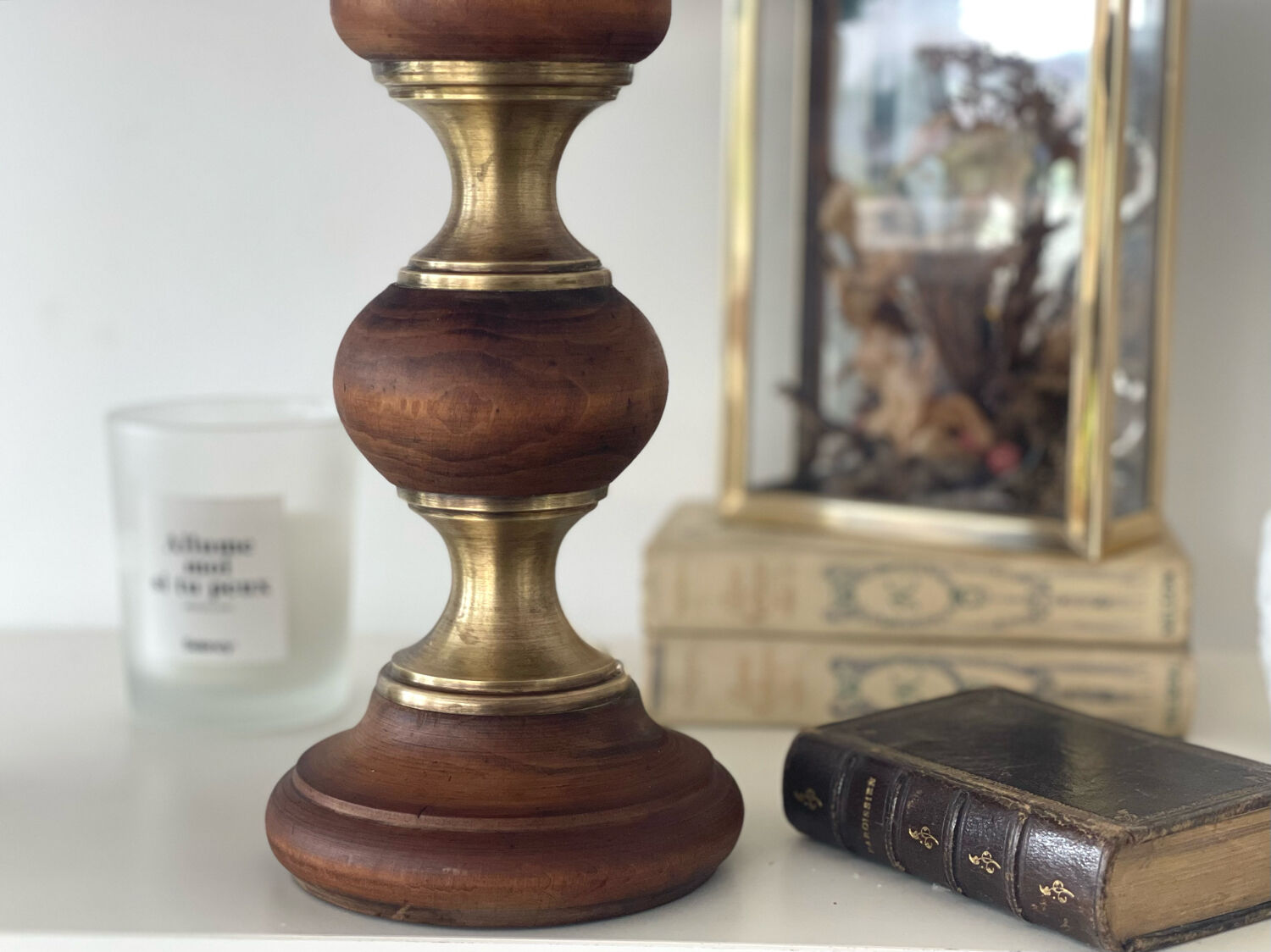 Wood and brass candle holder 1970